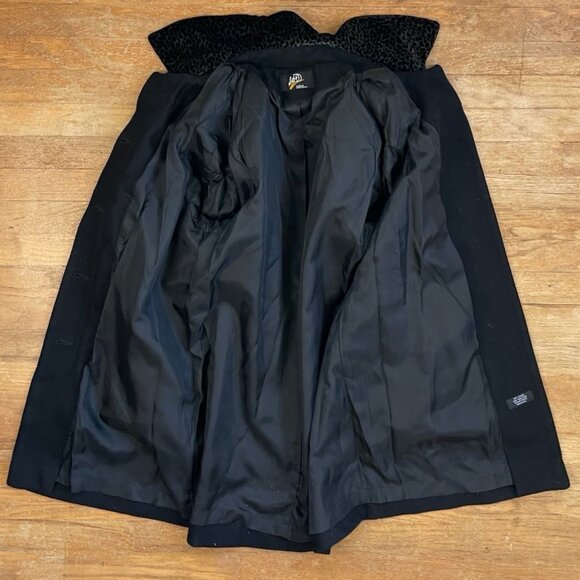 Vintage Leopard Velvet Trim Wool Coat Size Medium 80s Black Felted Overcoat - Picture 5 of 7